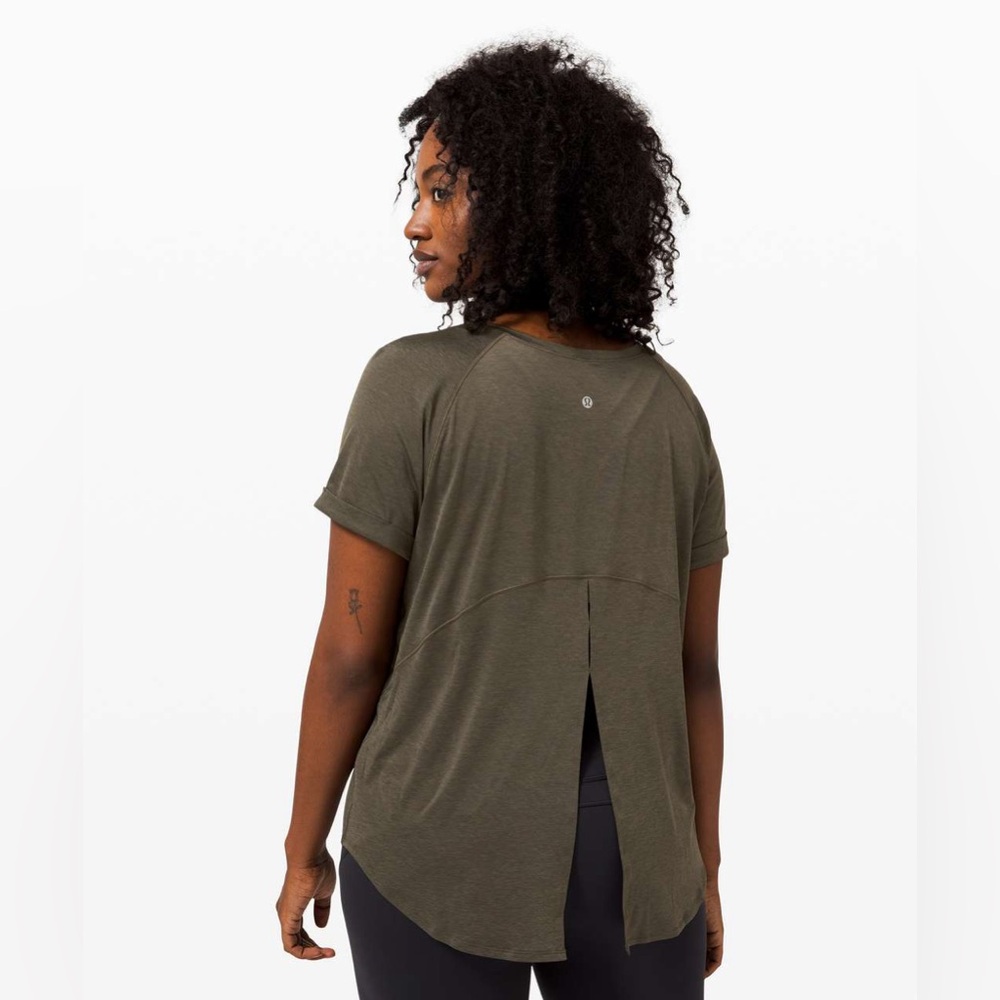 Lululemon Open Up Tie Back Short Sleeve Tee Dark Olive Green Size 8